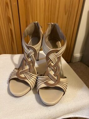 Braided Open-Toe High Heel Sandals in Nude